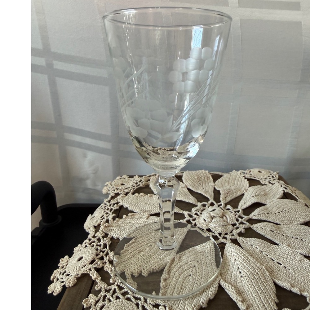 Vintage Etched Glass Wine Goblet Frosted Floral Wheat Design Hexagonal Stem